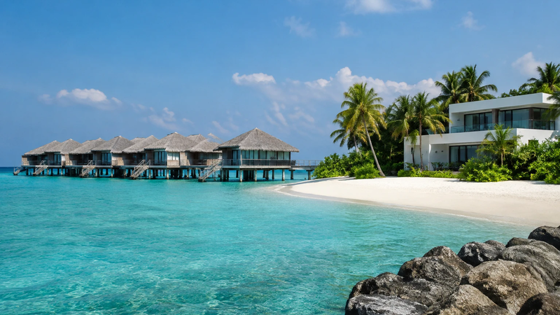 Tourist resorts and residential housing are seen in the Maldives.
