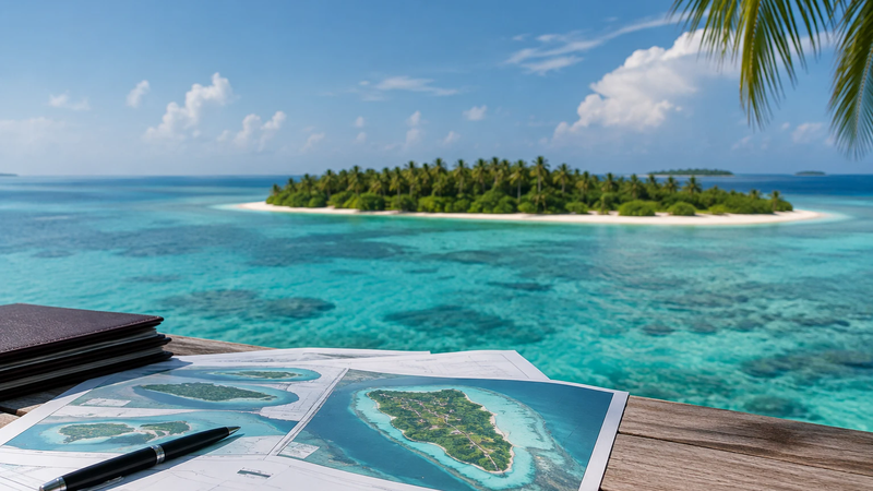Promotional material advertises three Maldivian island investment opportunities priced from US$19.5 million to US$34 million.