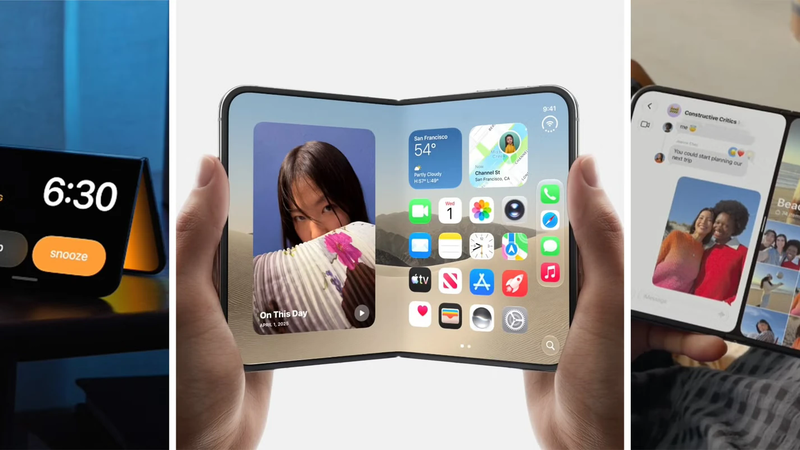 Three views of a foldable smartphone: folded on a desk showing a clock, held open in two hands with a home screen, and unfolded showing a photo gallery