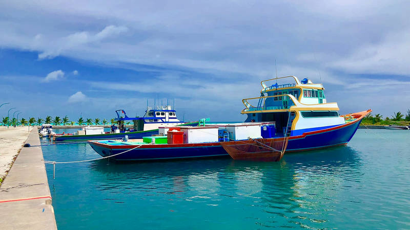 Fishing boats moored beside a harbour wall in turquoise water at Mathiveri