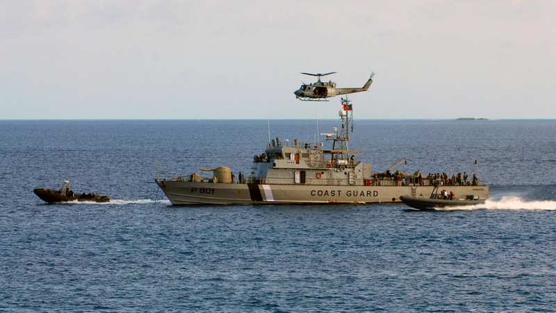 Maldivian coast guard ship Huravee at sea during an exercise