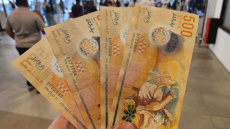 A hand holding several Maldivian 500 rufiyaa banknotes.
