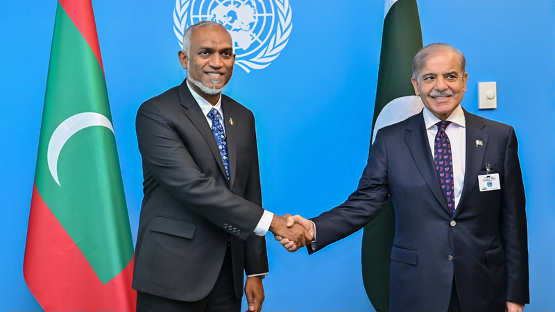 President Mohamed Muizzu and Pakistan's Prime Minister Shehbaz Sharif shake hands in front of the Maldivian and Pakistani flags at a United Nations venue.