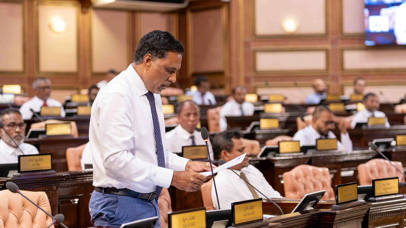 An MP stands to speak in the chamber of the People's Majlis while other members sit at their desks.