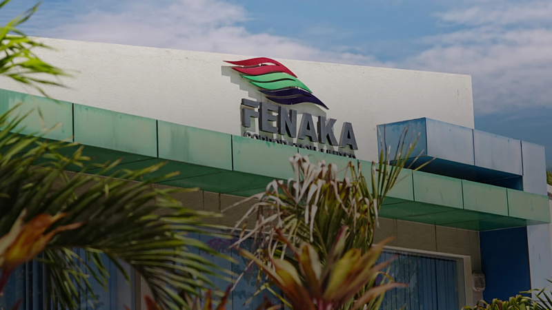 Fenaka Corporation logo and name on the white wall of a building, framed by palm fronds