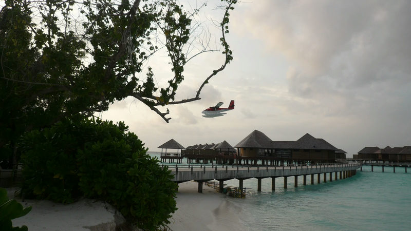 Seaplane flying over the jetty and water villas at Sun Siyam Iru Fushi resort in the Maldives, with trees on the beach