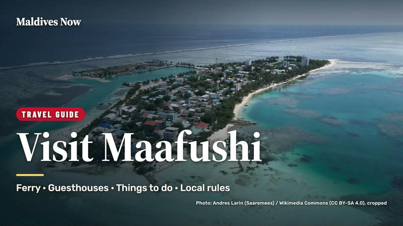Maldives Now travel guide graphic reading Visit Maafushi over an aerial view of the island and its lagoon